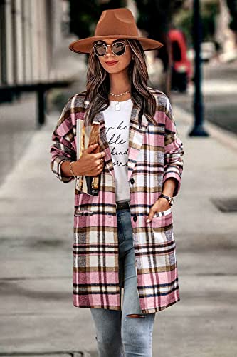 PRETTYGARDEN Women Plaid Shacket Jacket Trendy Fall Casual Button Wool Blend Tartan Trench Coat Winter Clothing with Pockets