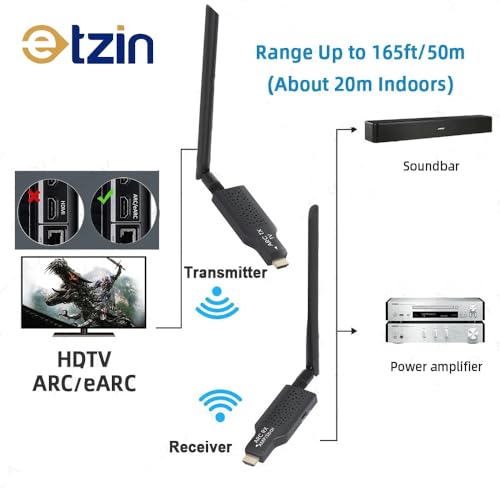 Image of ETZIN Wireless ARC Transmitter and Receiver Kit, HDMI, Range Up to 165ft /50m, Black, for Soundbar and Power Amplifier HDMI ARC Audio Extender Adapter for TV Projector To Sound Bar Speaker (Only Audio)