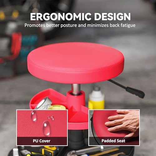 HOMCOM Rolling Mechanic Stool, 135kg Capacity Workshop Stool, 360° Swivel Roller Padded Creeper Seat with Wheels, Tool Trays Storage for Garage, Shop, Auto Repair, Red - Image 4
