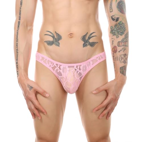 VemeFufu Tanga Slips Hombre Sexy Encaje Ropa Interior Tangas Thong Briefs Deportivo Atlético Calzoncillos Transpirable Masculina 1 Pack Rosa