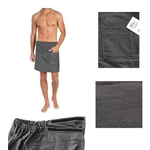 ARLI Saunakilt Herren Saunatuch Saunahandtuch Baumwolle Anthrazit Gummizug Tasche Klettverschluss praktisch individuell anpassbare Größe Sauna Sarong Kilt Wellness Hamam