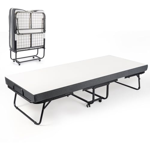 M.J COMFY-LIFE Folding Bed with Mattress – Portable Fold Up Rollaway Guest Bed with 10cm Memory Foam Mattress, Foldable Metal Frame, Space-Saving Single Bed with Wheels for Adults Dorm Apartment