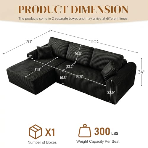 Image of 110 inch L Shaped Boneless Sectional Couches for Living Room, Comfy Corduroy Floor Cloud Sofa with Chaise, Wide Armrest, Deep Seat, Memory Foam, Assembly Free, Ideal for Small Spaces, Black