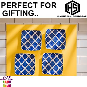 Image of HS HINDUSTANI SAUDAGAR Blue Umrao Quarter Ceramic Plates Sets of 4 dinnerware Sets Plates for Dinner Pasta Lunch thali & Dinner Set Handcrafted Ideal Kitchen Design for Daily Use and Gifting.