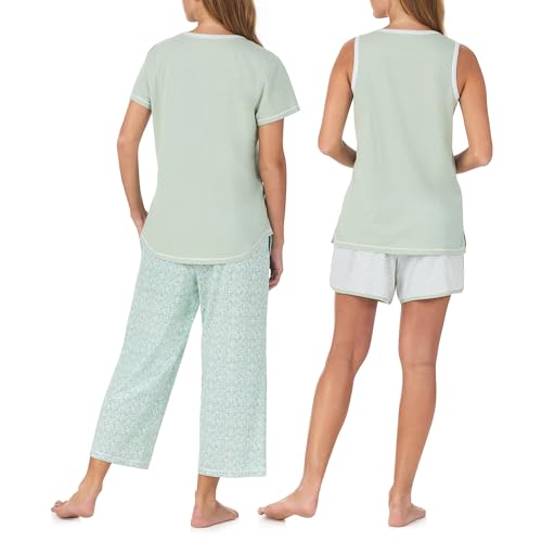 Image of Carole Hochman Women's 4-Piece 100% Cotton Pajama Set - V-Neck T-Shirt, Tank, Capri Pants & Shorts with Drawstring & Pockets