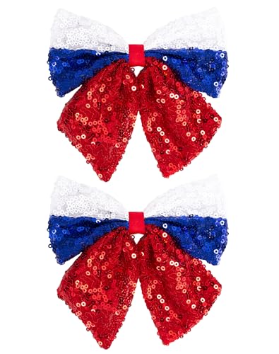 4th of July Patriotic Hair Bows for Women & Girls - 5" American Red White Blue Hair Clips Metal Alligator Barrettes Sparkly Sequins Cheer Hair Accessories for Independence Day, Memorial Day