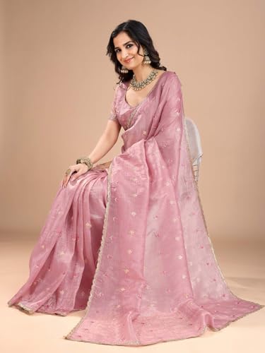 Image of AKHILAM Women's Organza Embroidered Sequins Work Saree With Unstitched Blouse Piece (RANI2501 RN Parent)