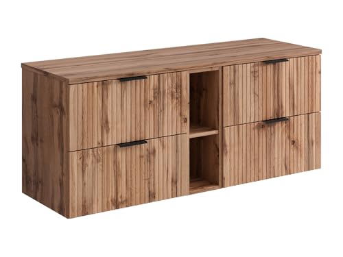 Vente-unique - Meuble sous Vasque Suspendu strié avec niches - Naturel Clair - L140 cm - ZEVARA