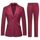Lamgool Women Suit 2 Pieces Set One Button Lady's Business Formal Peak Lapel Blazer and Pants for Work (Wine Red, Large)