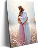 Jesus Embracing Woman Canvas Wall Art Girl Safe In Christ His Arms Painting Picture Wall Decor Christian Painting Bible Poster Print Artwork for Bedroom Living Room Dining ChurchHome Decoration