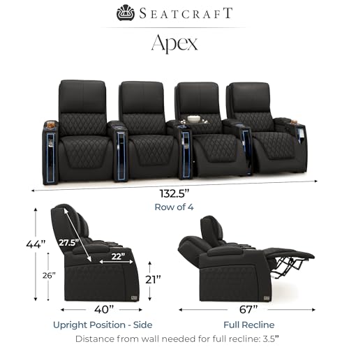 Image of Seatcraft Apex Black Italian Leather Home Theater Seating, Zero Gravity Power Recliner, Powered Headrest and Lumbar Gaming and Home Office Chair, Lounge Sofa Furniture for Cinema Room, Row of 4