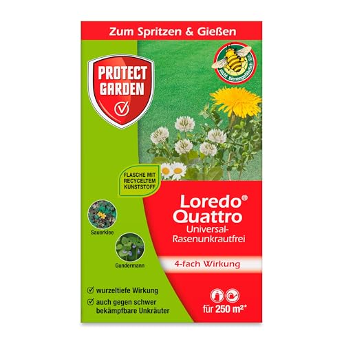 PROTECT GARDEN Universal-Rasenunkrautfrei Loredo Quattro Rasen-Unkrautvernichter gegen hartnäckige Unkräuter mit 4-fach Wirkung 250 ml