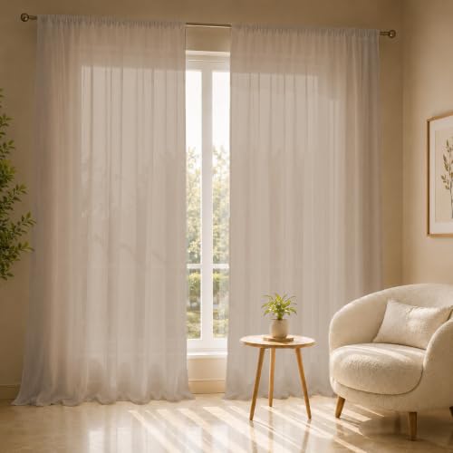 Image of LINENWALAS Aesthetic Sheer Curtains 9 Feet Long Set of 2, Poly Linen Shrink & Fade Proof Drapes for Long Door, Semi Transparent Modern Panels with Rod Pocket Hanging for Living Room (Brown /9 Feet)