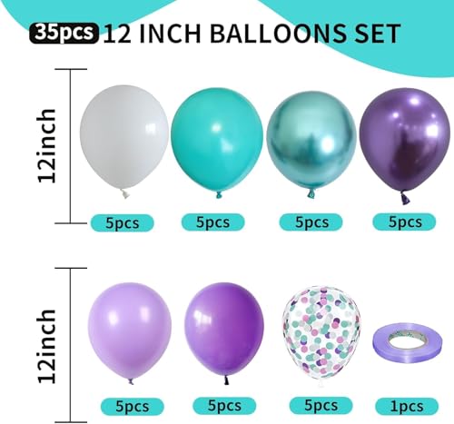 Image of Mermaid Balloon, 12 Inch Mermaid Theme Balloon, Metallic Purple Green Party Balloons, Teal Green Purple and White Balloons with Confetti for Mermaid Party Girls Birthday baby shower Decoration