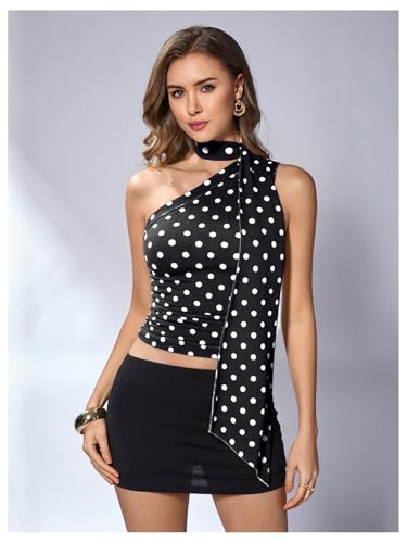 Image of RoseSeek Women's Y2K Leopard Polka Dots Halter Asymmetrical Neck Crop Tops | One Shoulder, Slim Fit, Sleeveless, Cheetah Print, Summer Tops, Scarf Tops, Party, Going Out Tops