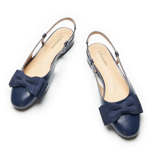 Image of C.Paravano Women's Slingback Dress Shoes | Sandals with Bows for Women| Casual Flat Shoes for Women | Almond Toe Slingback | Detachable Ankle Strap