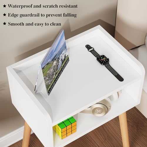 Image of LUCKNOCK Night Stand (White) Mid-Century Modern Bedside Table with Solid Wood Legs, Minimalist and Practical End Side Table.