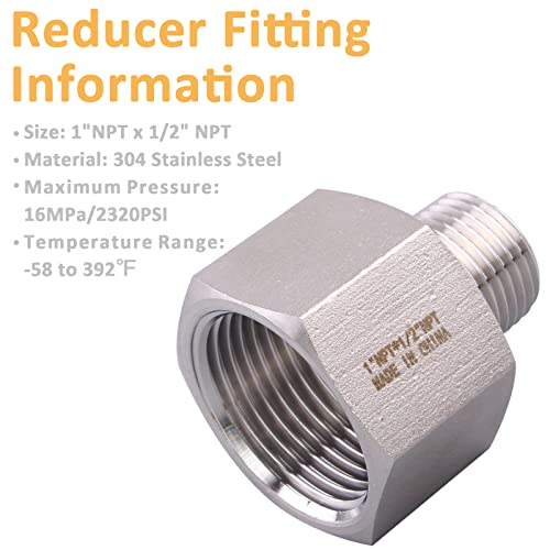 Image of Forged Reducer Adapter Fitting - Stainless Steel 304 Reducing Pipe Connector, 1 inch NPT Female x 1 /2 inch NPT Male (pack of 2)