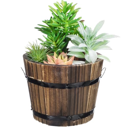 Image of Healeved Wooden Round Barrel Planter Flower Pot for Succulents with Permeable Bottom 7.08X7.08X5.9 Inches Indoor Outdoor Home Office Garden D Cor