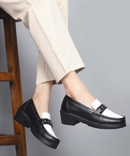 Image of JM LOOKS Elegant Two-Tone Slip-On Loafers with Block Heel and Sophisticated Metallic Bit Ornament for Formal Wear