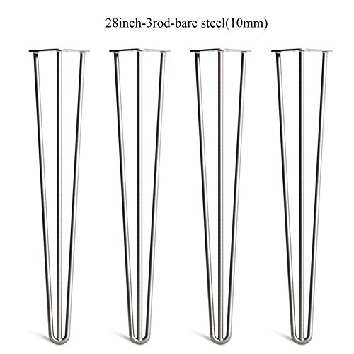 28 inch 71cm Hairpin Legs Raw Steel Unfinished 3 Prong for Dining Table, Desks, Console Table, Side Table Industrial Mid Century Modern Feel for DIY Projects 4PCS (10MM) w/Protector Feet & Screws - Image 2