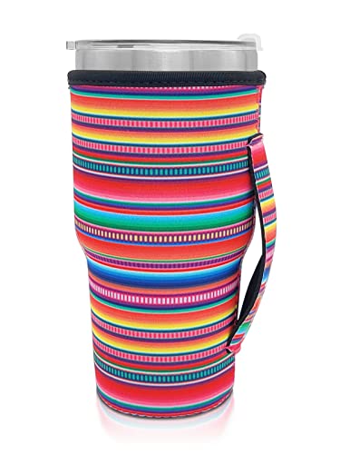 Reusable Iced Coffee Cup Sleeve Neoprene Insulated Sleeves Cup Holder with handle Idea for 30oz - 32oz Tumbler Cups, Protein Shake Bottles (Serape)