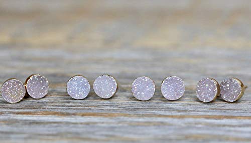 White Lilac Natural Druzy Stud Earrings- Real Genuine Druzy Quartz Gemstone- 8Mm- Women's Jewelry Gift Idea- Stocking Stuffer-Holiday #TOP3