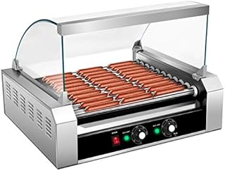 COSTWAY 1400W Hot Dog Roller Machine, 11 Rollers Sausage Grill with 2 Heating Zones, 0-250°C Temperature Adjustment & Tempered Glass Hood, Stainless Steel Electric Roller for Commercial Household