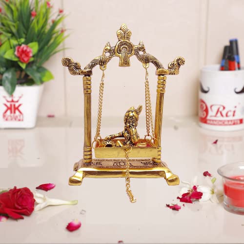 KridayKraft Jhulla Palana Radu Gopal Metal Statue Gold Plated Decor Home Office Metal Krishna Multi Display Figure Religious Idol Gift