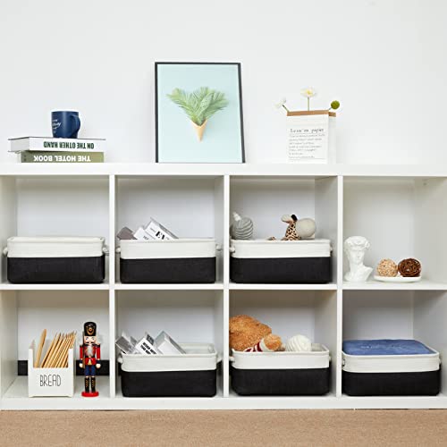Bidtakay Small Canvas Storage Baskets With Handles Collapsible Rectangular Fabric Baskets For Dog Toys Small Toy Organizer Bins For Shelf Bookcase Linen Rectangle Bins For Nursery Baby Storage (White&Black, 11.8 X 7.8 X 5 Inches) #TOP7