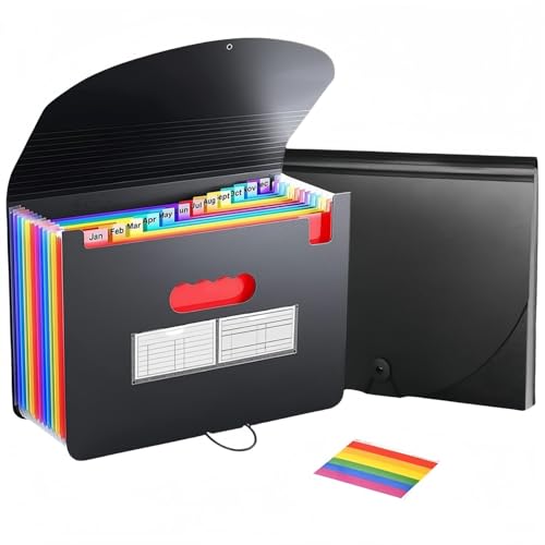 MEIQIAOLEI ドキュメントスタンド A4 ドキュメントファイル 13ポケット 書類収納ケース 色別ファイリング 区分けラベル付き ファイルポケット 拡張フォルダ 大容量 書類ケース 伸縮ファイル 蓋付き 自立式 24仕切り (13ポケット)