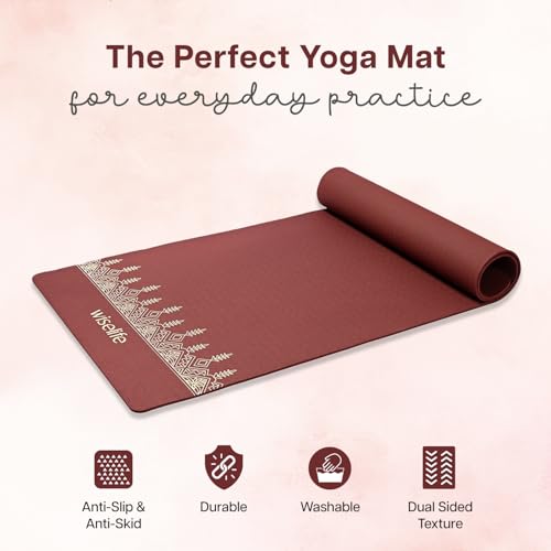 Image of WiseLife Grande XL 6 MM TPE Yoga Mat for Men & Women | Extra Thick, Long & Wide Premium Exercise Mat with Yoga Strap | Anti-Slip & Anti-Tear Ideal for Yoga, Pilates, Home Workouts & Gym Use (Maroon)