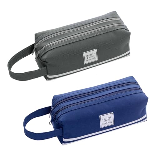 2 Piezas Estuche escolar grande dos compartimentos para material escolar, cartuchera organizador con cremalleras para niños para oficina y papelería(Gris, Azul oscuro)