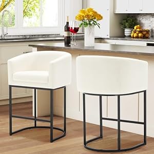 Counter height bar stools set of 2 26 h modern counter stools with barrel backrest and armrest linen upholstered kitchen island bar chairs with black metal framesbeige  urban country home decor