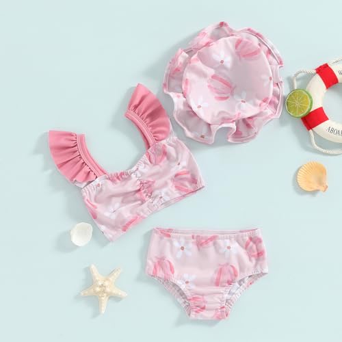 Toddler Baby Girl Swimsuit Infant Fly Sleeve Swimwear Tank Tops with Shorts and Hat Bathing Suit 3Pcs Summer Outfit3