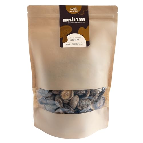 MSHRM Shiitake Pilze getrocknet 200g - Klasse 1 - Nachhaltige Getrocknete Pilze in höchster Qualität zum Kochen & Essen - Shitake getrocknet - Chinesische Pilze - Shitake Pilze aus Nachhaltigem Anbau