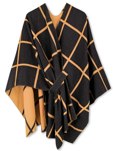 LBOYLOVE Womens Shawl Wrap Poncho Ruana Cape Open Front Cardigan for Fall Winter Plaid Wrap for Women Winter Warm (Black and Yellow)