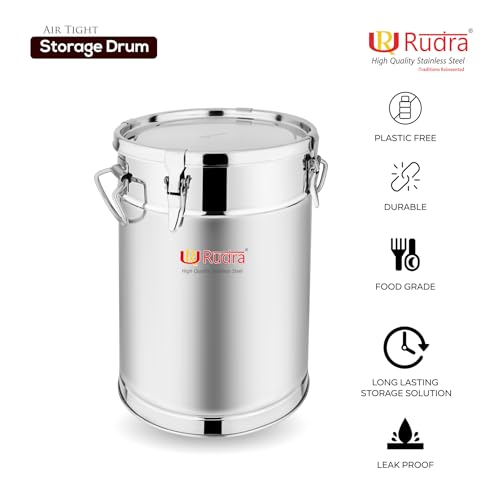 Image of Rudra Stainless Steel Air Tight Container /Drum /Box for Kitchen Storage | Kothi | Rice | Flour Atta Big Dabba With Handle | (15, Cylinder, 1, RU3014)