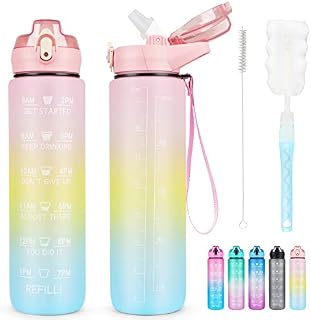 AOHAN Water Bottle with Straw 1L, Sports Drinks Bottle with Time Markings BPA Free Non-Toxic PCTG Plastic Leakproof Drinking Bottle Motivational Water Bottles With Cleaning Brush for Outdoor Sports