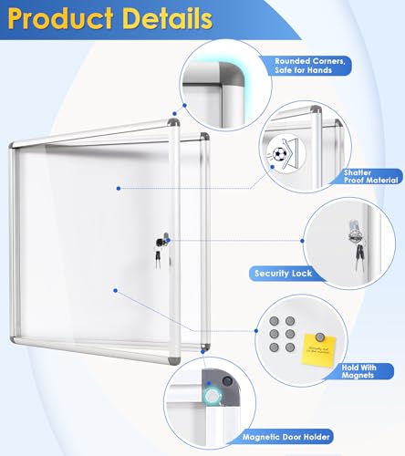 Image of Swansea Lockable Noticeboard White Bulletin Boards Magnetic Wall Mount Message Board with Glass Door and Keys 28x26inch(6xA4)