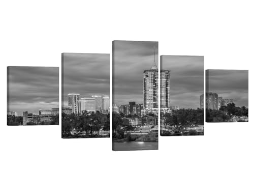 Tulsa Skyline Black and White Wall Art Tulsa Downtown Cityscape Wall Decor the Arkansas River Wall Painting Tulsa Oklahoma USA Wall Art for Living Room 5 Piece Artwork Framed Ready to Hang 32X60 INCH