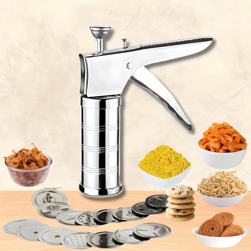 ADIMORA‎ Stainless Steel 15-in-1 Kitchen Press Sev Sancha with 15 Jali Discs – Murukku, Chakli, Sev, Bhujia, Gathiya & Idiyappam Maker | Noodles & Cookie Press | Heavy Duty Snack Maker...