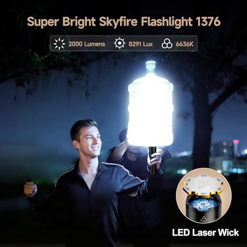Image of SKYFIRE 1376 LED Flashlights with Ignition Lens, Rechargeable 2000 High Lumens Super Bright Zoomable Flash Light, 5 Modes Waterproof Handheld Powerful Tactical Flashlight for Emergency Camping (Black)