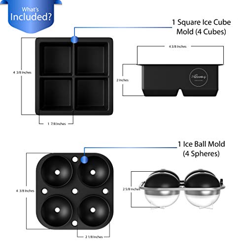 Sphere Ice Cube Tray Combo Molds (Set Of 2) Silicone Round Whiskey Ice Ball Maker With Lids And Large Square Molds For Cocktails, Bourbon, 4 X 4.5Cm Capacity, Reusable And Bpa Free #TOP1