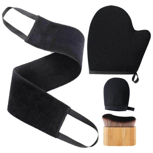 PacuM 4 Piezas Guante Autobronceador Corporal Negro Guantes para Aplicar Autobronceador Aplicador Crema Espalda Colgable Self Tanning Glove Peluche Cepillo Bronceador para Bronceado Corporal