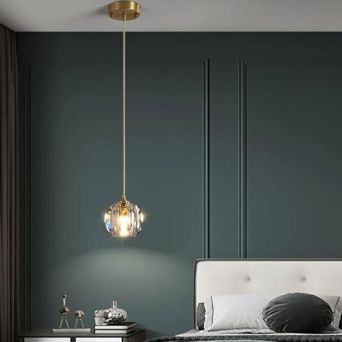 RCYF Modern Single Head Crystal Glass LED Hanging Light Luxury Wrought Iron Pendant Lamp Long Line Small Pendant Light Nordic Bedroom Bedside Small Chandelier G9