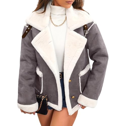 Womens Faux Fur Sherpa-Lined Jackets Fuzzy Fleece Lapel Long Sleeve Coat Suede Jacket Sherpa Lined Leather Winter