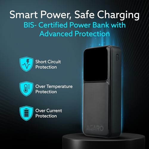 Image of AGARO Imperial Power Bank 20000 mAh, 22.5W Power Delivery for Smartphones, Portable, USB C & Micro Input, USB A1,A2 & C Output, Fast Charge Technology for Tablets, Headphones and Hi-Powered Devices