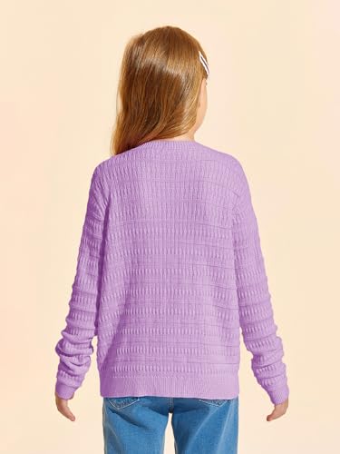 Image of Haloumoning Girls Button Down Cardigan Jackets Kids Long Sleeve Cable Knit Sweaters 5-14 Years Purple