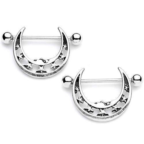 Body Candy 14G Womens Nipplerings Piercing 316L Steel 2Pc Crescent Moon Star Nipple Shield Set 7/8\"